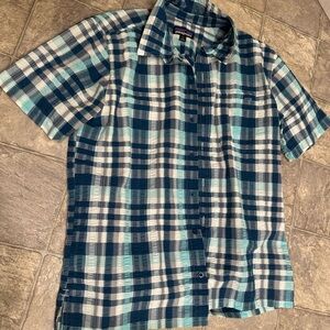 Patagonia Shirt Mens Large White/ Blue Check Plaid Puckerware Button Up Size L